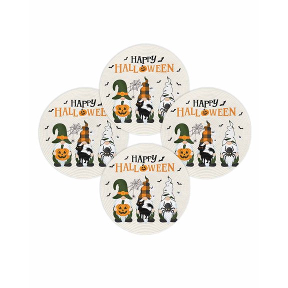Halloween Round Placemats Set of 4 Pumpkin Gnome Place Mats Washable Woven Placemat Black Cat Bat Cobwebs Ghost Circle Braided Table Mat for Kitchen Dining Table Holiday Party Home Decor 15 Inch