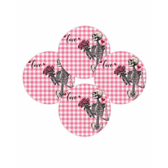 Halloween Round Placemats Set of 4 Skeleton Rose Place Mats Washable Woven Placemat Pink Buffalo Plaid Circle Braided Table Mat for Kitchen Dining Table Holiday Party Home Decor 15 Inch