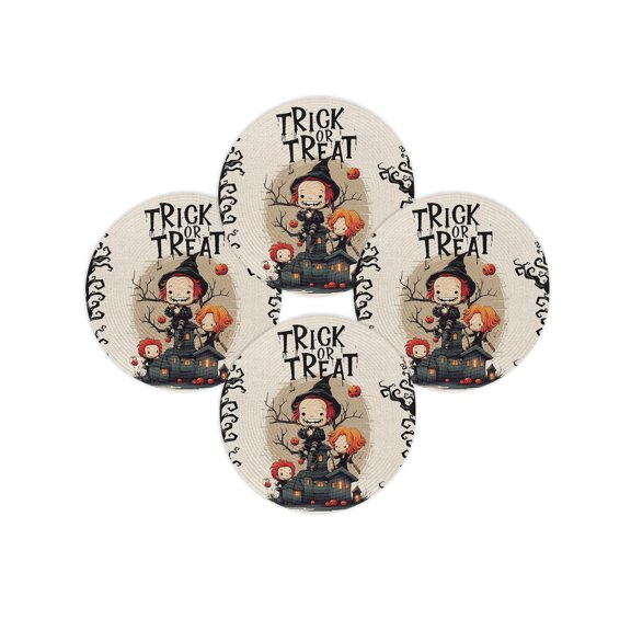 Halloween Round Placemats Set of 4 Trick or Treat Place Mats Washable Woven Placemat Spooky Haunted House Circle Braided Table Mat for Kitchen Dining Table Holiday Party Home Decor 15 Inch