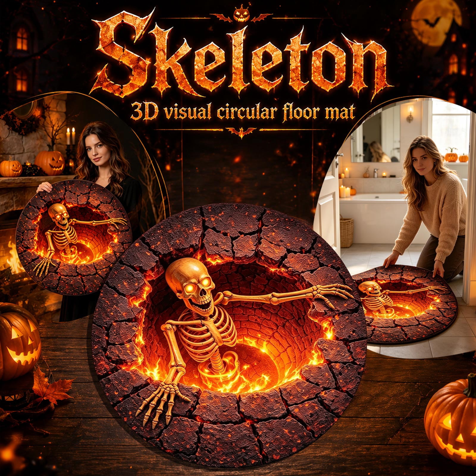 Candy Round Rug Halloween Round Rug, 3D Skeleton Hole Illusion Floor Mat, Spooky ...