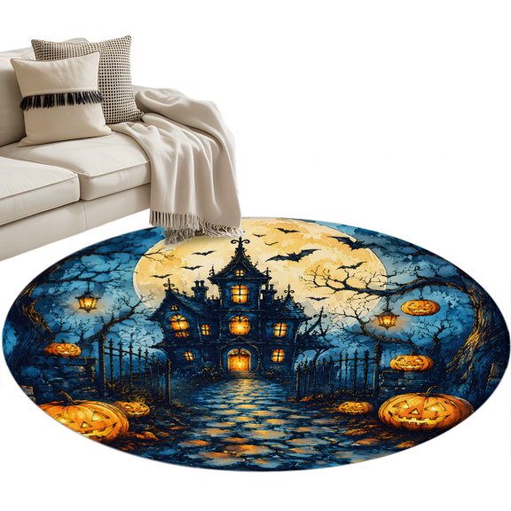 Halloween Round Rug 4ft Washable Circle Entryway Rugs Non Slip Ghost Pumpkin Spooky Castle Holiday Area Rug Indoor Floor Carpet for Bedroom Kitchen Living Room Home Office Dining Room Nursery