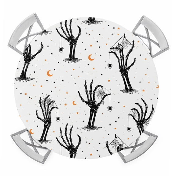 Halloween Round Table Cover, Creepy Minimalist Skeletons Zombie Hands Cobweb Moon Waterproof Fitted Tablecloths for 45"-54" Tables, Washable Picnic Table Cover for Camping Dining Indoor Outdoor