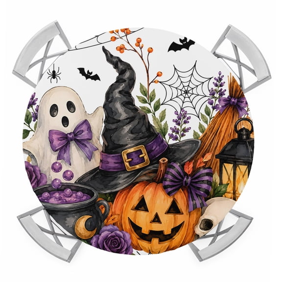 Halloween Round Table Cover, Fall Fantasy Ghosts Wizard Hats Lanterns Bubbling Potions Waterproof Fitted Tablecloths for 36"-44" Tables, Washable Picnic Table Cover for Camping Dining Indoor Outdoor