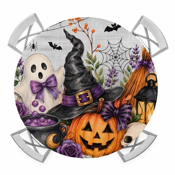 Halloween Round Table Cover, Fall Fantasy Ghosts Wizard Hats Spiderwebs Bubbling Potions Waterproof Fitted Tablecloths for 36"-44" Tables, Washable Picnic Table Cover for Dining Indoor Outdoor