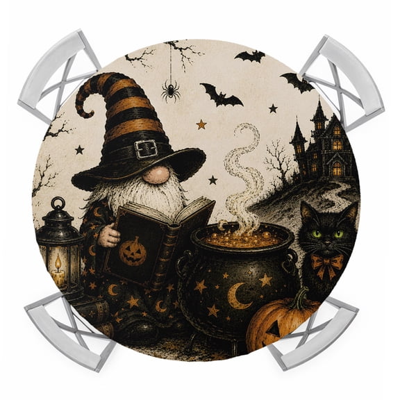 Halloween Round Table Cover, Mystical Astrology Wizard Gnome Black Cat Castle Retro Waterproof Fitted Tablecloths for 36"-44" Tables, Washable Picnic Table Cover for Camping Dining Indoor Outdoor