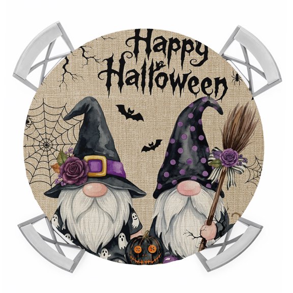 Halloween Round Table Cover, Spooky Gnomes Gingham Country Floral Flying Bats Linen Texture Waterproof Fitted Tablecloths for 55"-60" Tables, Washable Picnic Table Cover for Dining Indoor Outdoor