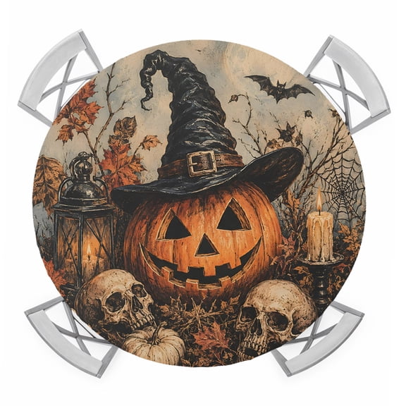 Halloween Round Table Cover, Spooky Wizard Hat Carving Pumpkin Skull Maple Dark Waterproof Fitted Tablecloths for 36"-44" Tables, Washable Picnic Table Cover for Camping Dining Indoor Outdoor