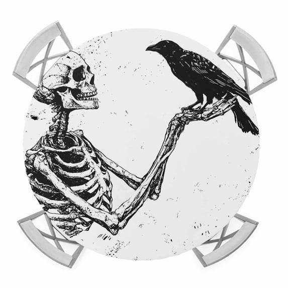 Halloween Round Tablecloth for 45-54 Inch Tables, Fitted Table Cover with Elastic Edge, Black Skull Crow White Waterproof Outdoor Table Cloth Protector for Patio Garden Dinner Picnic