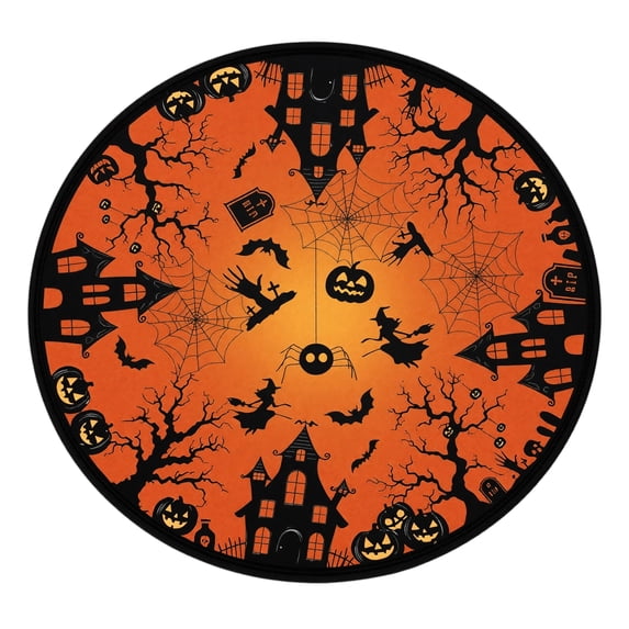 Halloween Round Tablecloth, 47.6 Inch Spooky Haunted House Pumpkin Bat Printed Elastic Edge Table Cover for Halloween Party Home Dining Table Decor