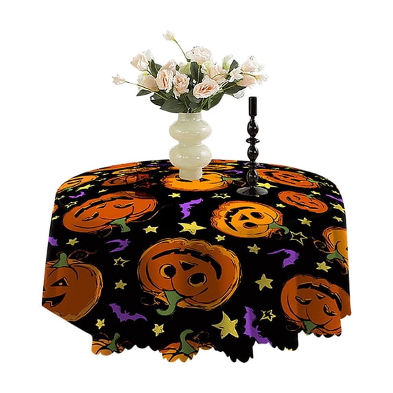 Halloween Round Tablecloth 47 Inch Ghost Tablecloth Orange Black Spooky Vintage Table Cloth Farmhouse Rustic Table Cover for Halloween Holiday Kitchen Dining Room Party Indoor Outdoor Decor