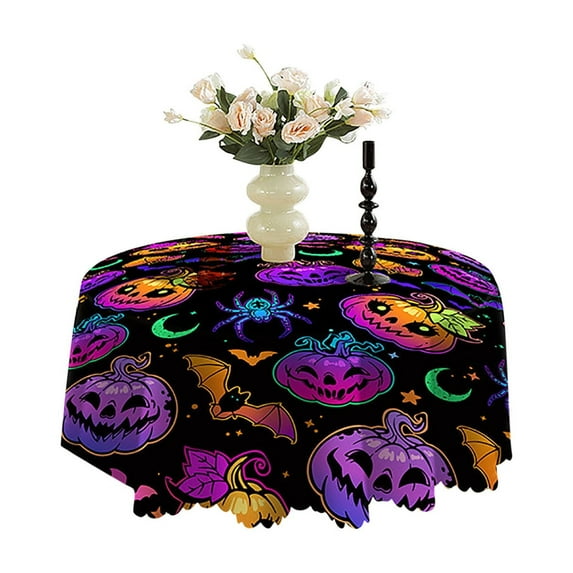 Halloween Round Tablecloth 47Inch, Spooky Pumpkin Cat Castle Circle Table Cloth, Black Orange Bat Spider Web Table Cover Reusable Heat Resistant for Kitchen Dining Holiday Indoor Outdoor Decor