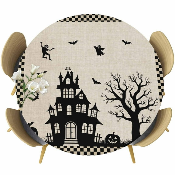 Halloween Round Tablecloth 55-60 Inch Round Fitted Table Cloth with Elastic Edge, Spooky Pumpkins Horror Castle Bat Black Plaid Waterproof Table Cover Protector for Outdoor Picnic Party Dining