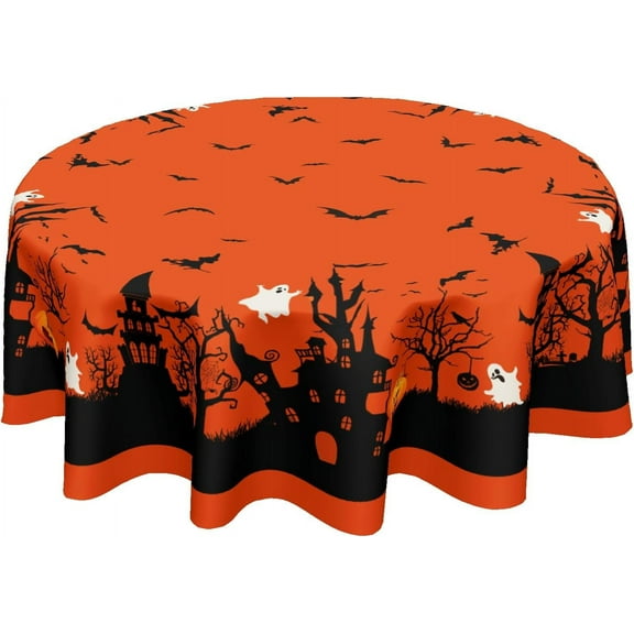 Halloween Round Tablecloth 60 Inch Ghost Tablecloth Orange Black Spooky Vintage Table Cloth Farmhouse Rustic Polyester Table Cover for Halloween Holiday Kitchen Dining Room Party Indoor Outdoor Decor
