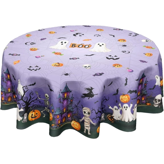 Halloween Round Tablecloth 60 Inch Purple Castle Spooky Pumpkin Ghost Bat Spider Web Table Cloth Rustic Holiday Table Cover for Kitchen Dinner Home Decor