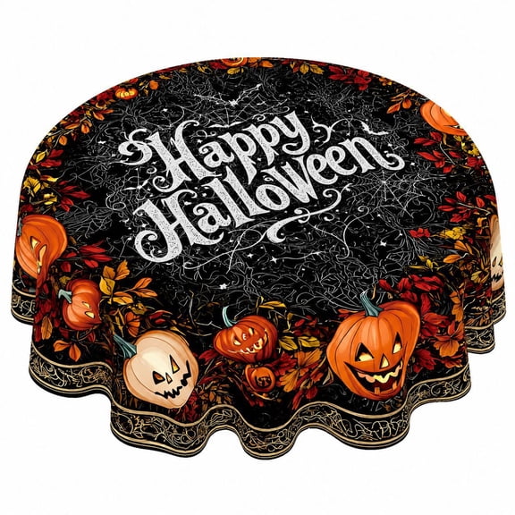 Halloween Round Tablecloth 60 Inch Water-Resistant Washable Fabric Reusable Ghost Jack-O-Lantern Pumpkin Truck Bats Buffalo Plaid Table Cover for Decoration Indoor Outdoor Dining