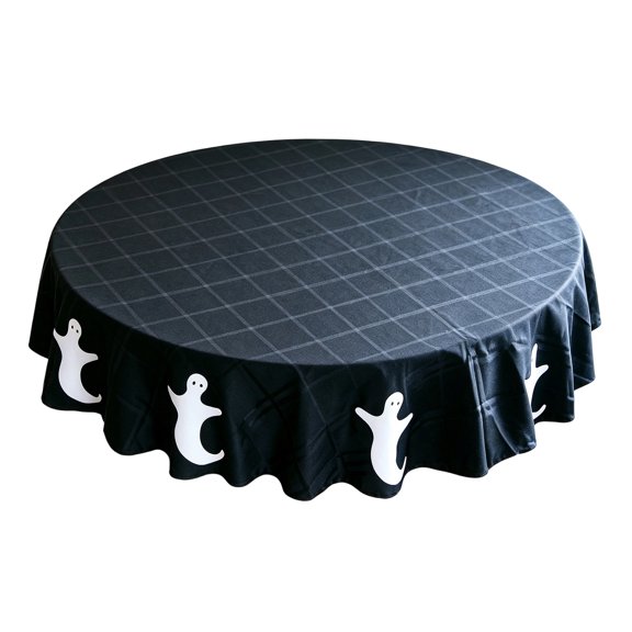 Halloween Round Tablecloth Black Plaid with Cute Ghost Print, Washable Polyester Fabric Table Cover for Kitchen Dining Room, Reusable Spooky Fall Party Decorations for Kids & Adults