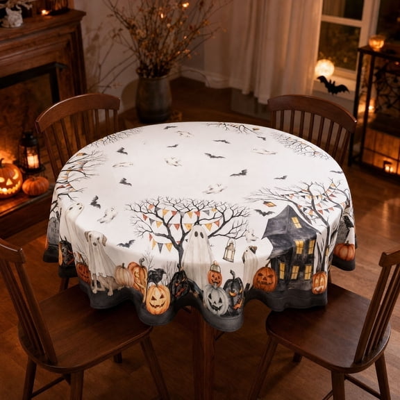 Halloween Round Tablecloth Cover, Waterproof Spooky Ghost Pumpkin Design, Wavy Edge Decorative Dining Table Cloth, Dinner Party Home Decor, Eerie Gothic Autumn Festival Accent Piece
