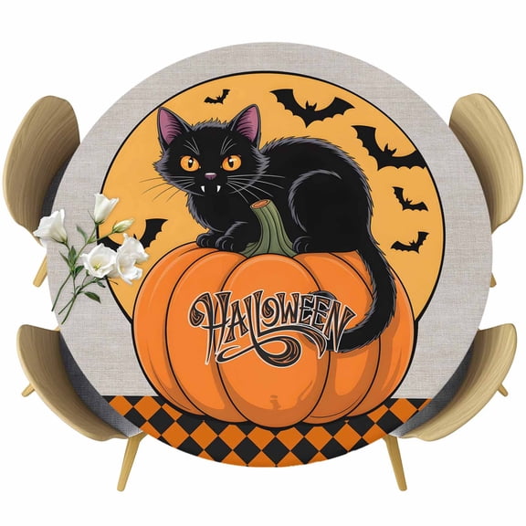 Halloween Round Tablecloth, Fitted Table Cover with Elastic for 36"-44" Round Tables, Fall Pumpkin Cat Bat Orange Checkered Table Cloth Outdoor Indoor Dinning Party Waterproof Tablecloths