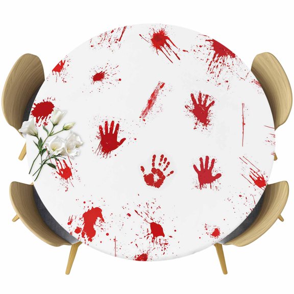 Halloween Round Tablecloth, Fitted Table Cover with Elastic for 36"-44" Round Tables, Horror Blood Handprint Red White Table Cloth Outdoor Indoor Dinning Party Waterproof Tablecloths