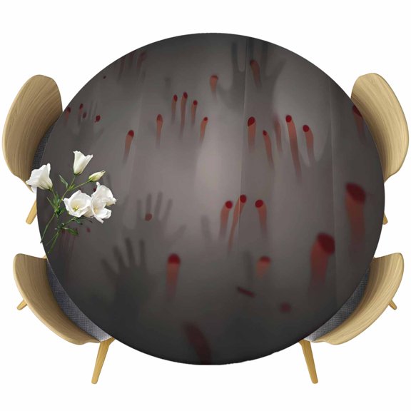 Halloween Round Tablecloth, Fitted Table Cover with Elastic for 36"-44" Round Tables, Spooky Horror Blood Hand Darkness Ghost Table Cloth Outdoor Indoor Dinning Party Waterproof Tablecloths