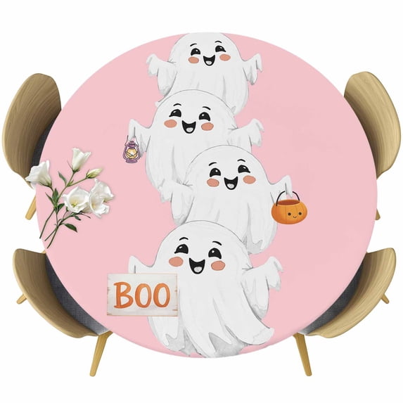 Halloween Round Tablecloth, Fitted Table Cover with Elastic for 55"-60" Round Tables, Cartoon Cute Ghost Fall Pumpkins Table Cloth Outdoor Indoor Dinning Party Waterproof Tablecloths