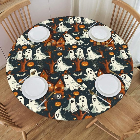 Halloween Round Tablecloth Scary Ghost Spooky Pumpkin Table Cover with Elastic Edge Washable Fitted Table Cloth for Kitchen Patry Outdoor Decor Fits 36"-44", Small