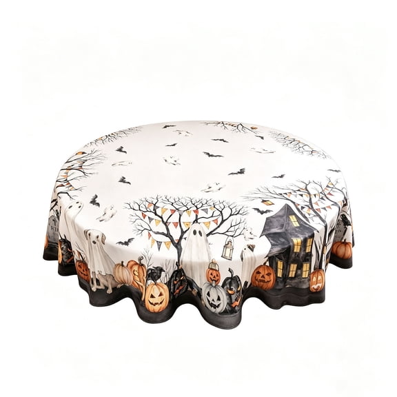 Halloween Round Tablecloth Waterproof Scary Ghost Pumpkin Pattern Scalloped Edge Wavy Hem Holiday Table Cover for Party Dining Decor