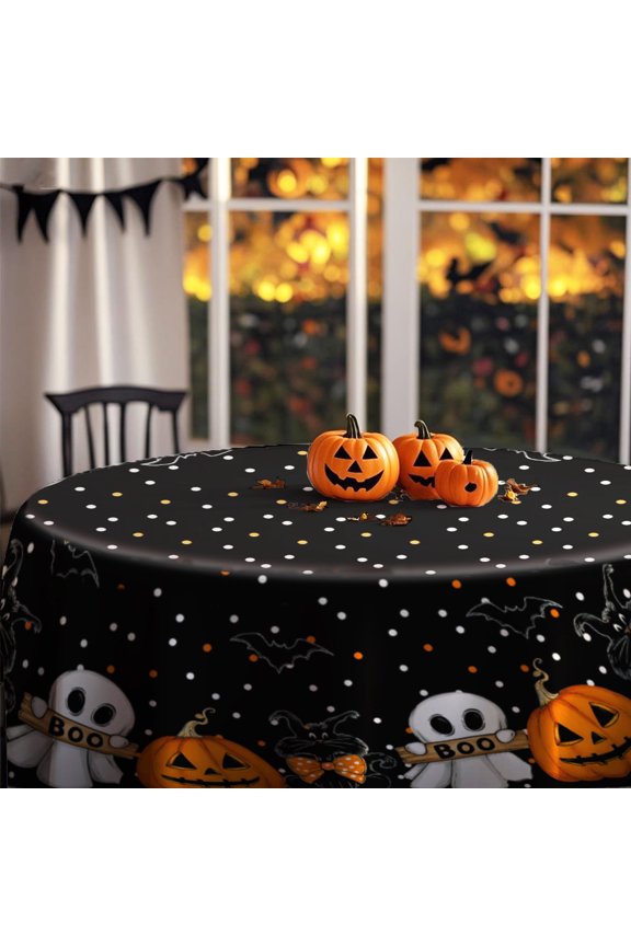 Halloween Round Tablecloth with Ghost, Pumpkin, Bat Pattern, Black, 60x60 Inch, Indoor Party Table Decoration