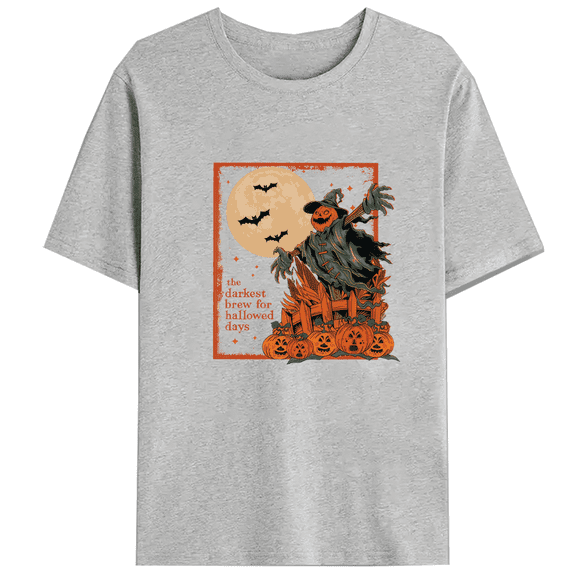 Halloween Round neck T-Shirt - Spooky Graphic Tees ,Pattern printing Funny T shirt apparel,Causal ,cotton,gray,S-3XL