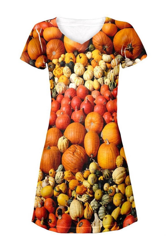 Halloween Rows of Pumpkins All Over Juniors V-Neck Dress