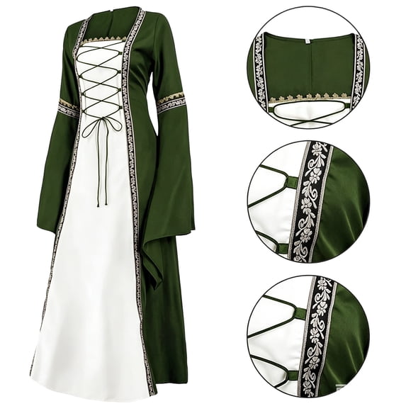 Halloween Royal Cosplay Dress, Medieval Noble Overcoat Dress, Lace Up Trimmed Medieval Overcoat Dress, Long Flare Sleeve Two Piece Renaissance Cosplay Gown for Halloween Noble Themed Party, Green XXL