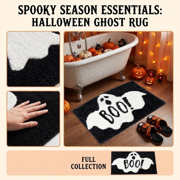 Halloween Rug, Halloween Ghost Decorations, Halloween Front Door Mat, Black and White Outdoor Rug, 32X20 Inch Soft Tufted Indoor Outdoor Non-Slip Floor Mat with Cute Ghost Boo