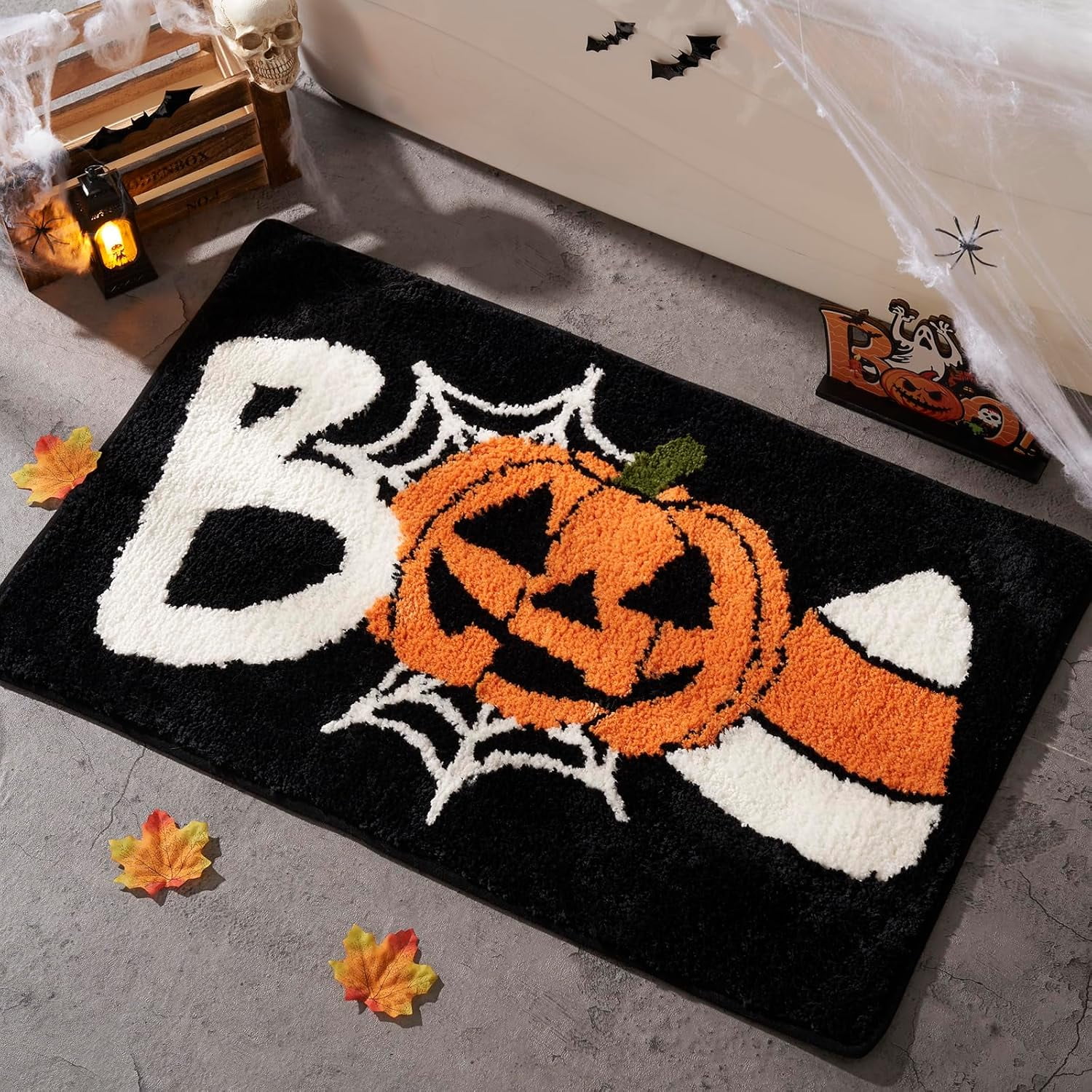 Halloween Rug Pumpkin Boo Bathroom Rug Gothic Spider Web Decorative ...