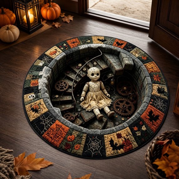 Halloween Rug,Spooky Broken Doll Pattern 3D Illusion Quilted Round Mat,Durable Non-Slip Doormat for Home Decor and Entryway,Living Room,24"
