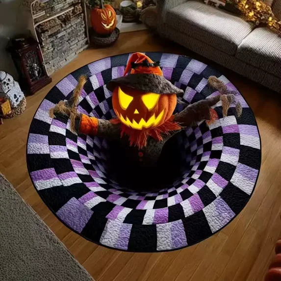 3D Halloween Round Rug, Optical Illusion Halloween Rug Door Mats, 3D Effect Design Floor Mat for Living Room & Bedroom Home Decor