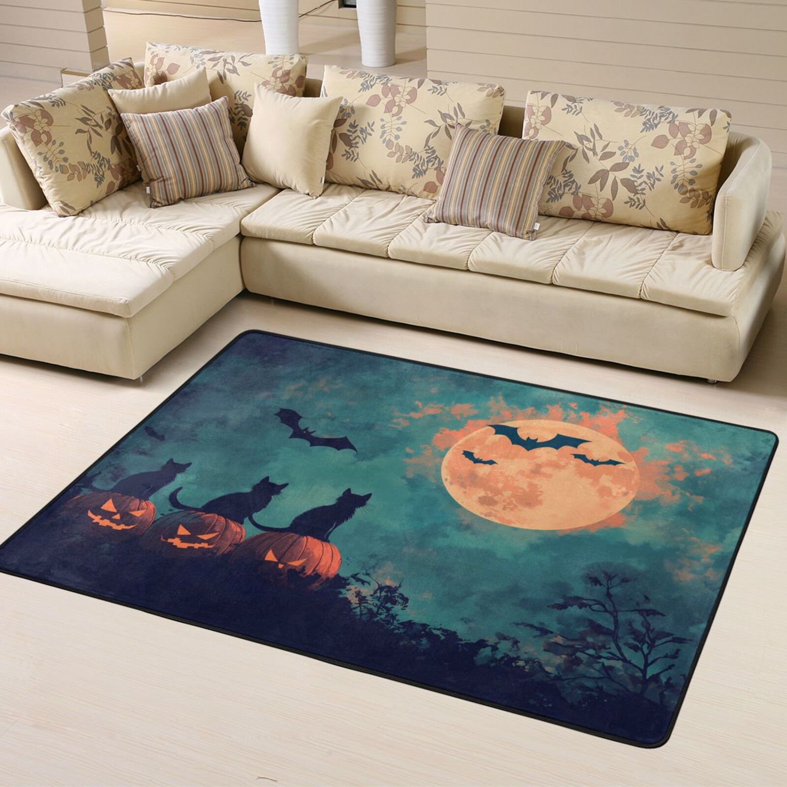 Halloween Rugs for Living Room, Halloween Night Sky Black Cat Bat ...
