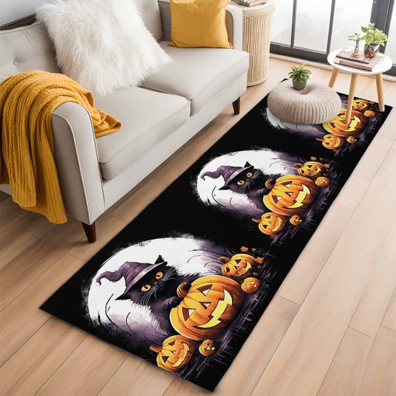 Halloween Runner Rug 2x6 FT, Non Slip Hallway Rug, Horror Black Cat Orange Pumpkin Moon Night Washable Soft Floor Carpet Throw Runner Carpet Long Rug for Entryway Kitchen Bedside Sliding Door