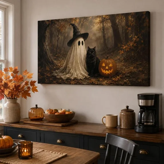 Halloween Rustic Vintage Cute Ghost Witch Cat Pumpkin Graphic Design ...