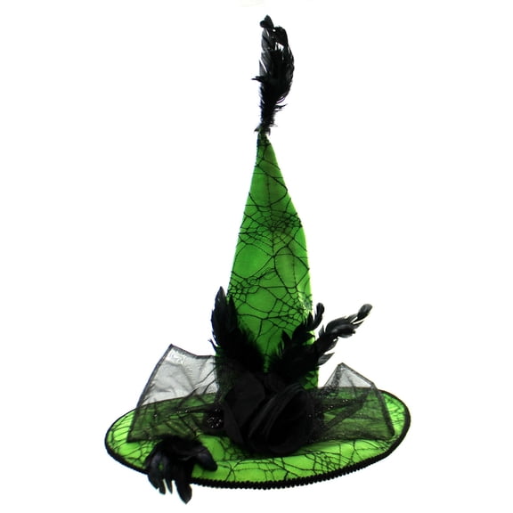 Halloween Spider Web Witches Hat Fabric Felt Bow W/ Feathers Rd0021 Green