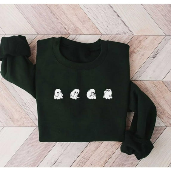 Halloween Sad Ghosts Graphic Sweatshirt Top Cute Spooky Design Long Sleeve Round Neck Black S-3XL