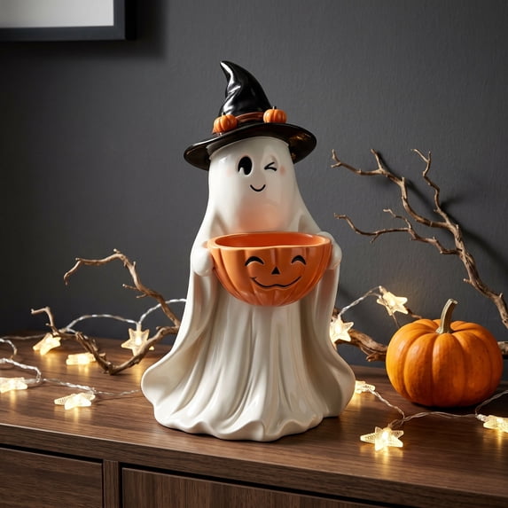 Halloween Safe Ghost Candy Bowl, Cute Resin Trick-or-Treat Snack Server with Expressive Face, Spooky Yet Sweet Tabletop Decoration for Party Favors and Holiday Hostess Gifts, G