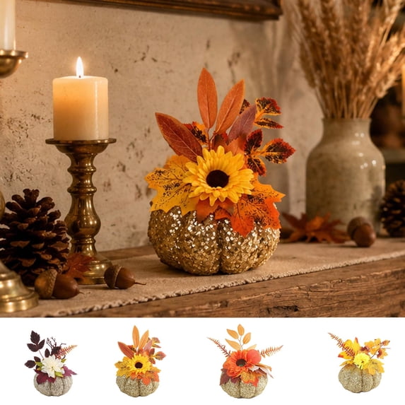 Halloween Sale Clearance!Fall Decorations for Home, Artificial Glitter Pumpkin Artificial Dahlias Autumning Leaves Ornament Autumning Thanksgiving Season Decoration