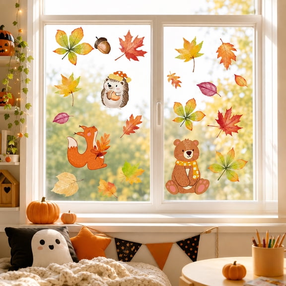 Halloween Sale Clearance!Fall Decorations, Thanksgiving Window Clings Fall Harvests Decorations Autumns Maple Leaf Squirrels Hedgehog Statics Stickers Reusable Double Sided PVC Decals For Glass Door
