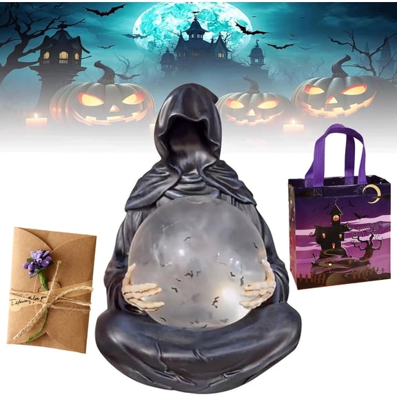Halloween Suriel & Floating Bat Crystal Ball ,Suriel Bookshelf Figure Decor| Halloween Figurine, Fantasy Decor Grim Reaper Statue, Grim Reaper With Crystal Ball Creepy,Statue Bat,1SET