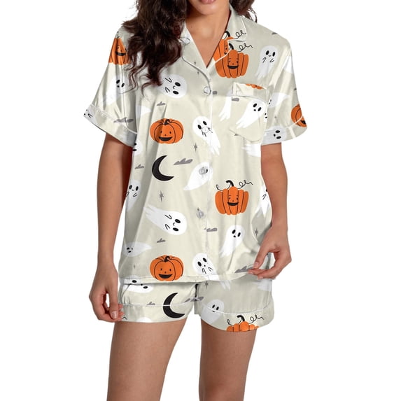 Halloween Satin Pajamas Set for Women Cute Comfy Gothic Two Piece Graphic Pjs Set Button Down Short Sleeve Shirt and Shorts Lounge Set Halloween Gifts Fall Funny Ghost Pumpkin Print Sleepwear
