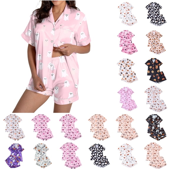 Halloween Satin Pajamas Set for Women Cute 2 Piece Graphic Pj Set Button Down Short Sleeve Shirt Shorts Lounge Set Pink L