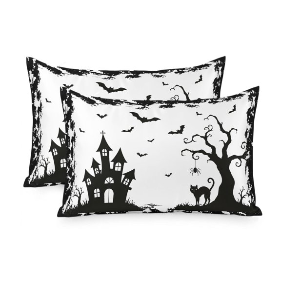 Halloween Satin Pillowcases King Size Set of 2 Cooling Black Spooky Castle Bats Tree Silhouette Silk Pillow Cases for Hair and Skin Smooth Soft Zippered Throw Pillow Covers for Women Men 20"x36"