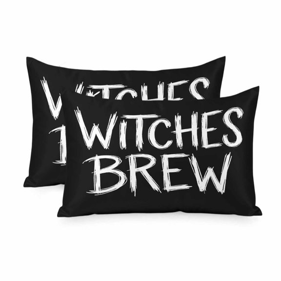 Halloween Satin Pillowcases Queen Size Set of 2 Cooling Fall Spooky Horror Letters Witches Brew Black Silk Pillow Cases for Hair and Skin Soft Zippered Throw Pillow Covers for Women Men 20"x30"