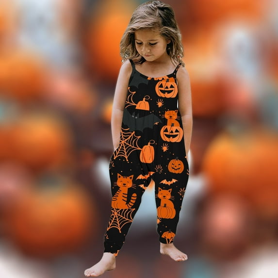purcolt Toddler Baby Girls Halloween Outfit Sleeveless Jumpsuit Pumpkin Ghost Harem Pants Suspender Romper Overalls Fall Clothes with Pockets