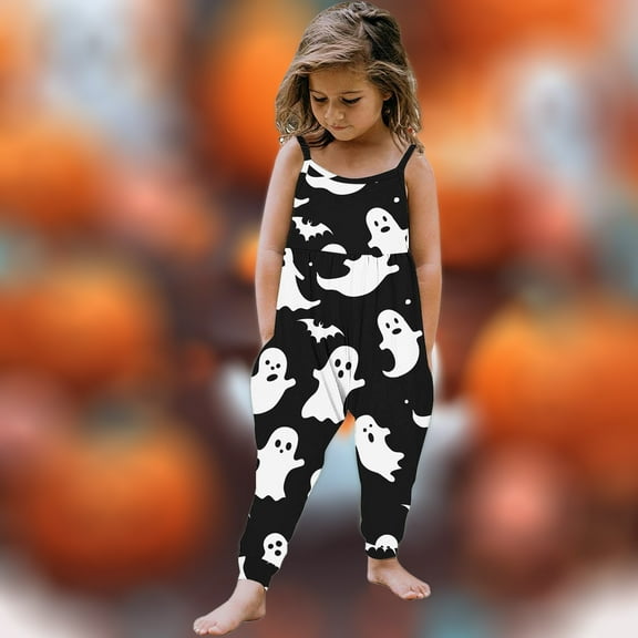 purcolt Toddler Baby Girls Halloween Outfit Sleeveless Jumpsuit Pumpkin Ghost Harem Pants Suspender Romper Overalls Fall Clothes with Pockets